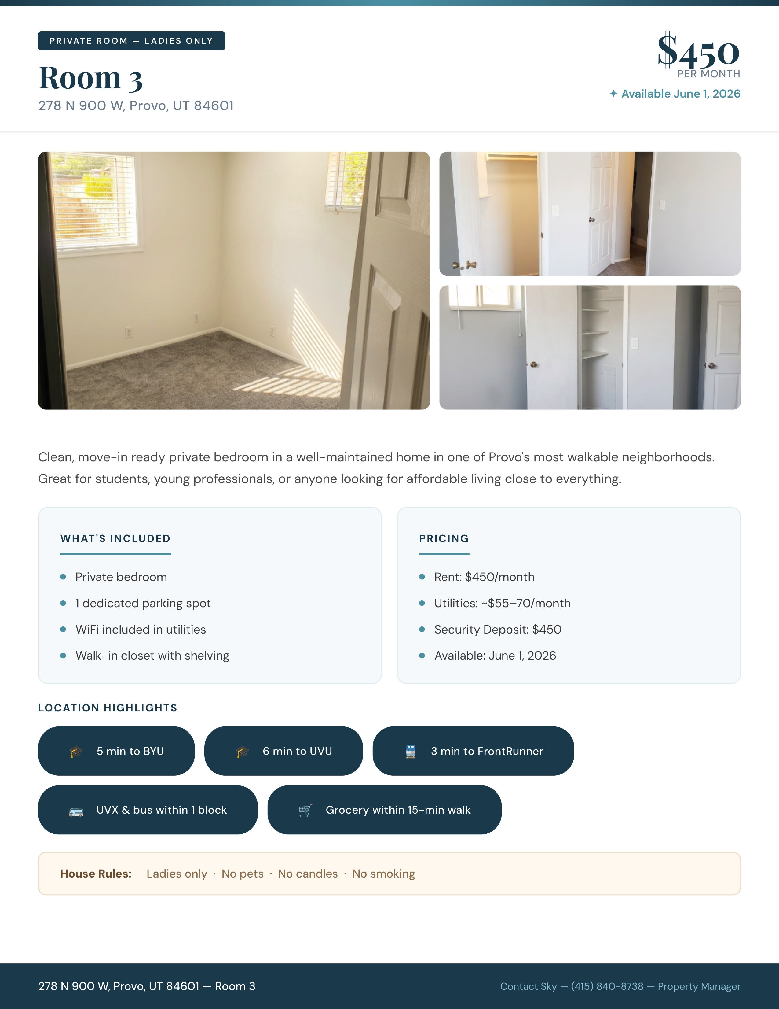 Provo Single Room: 280 N 900 W